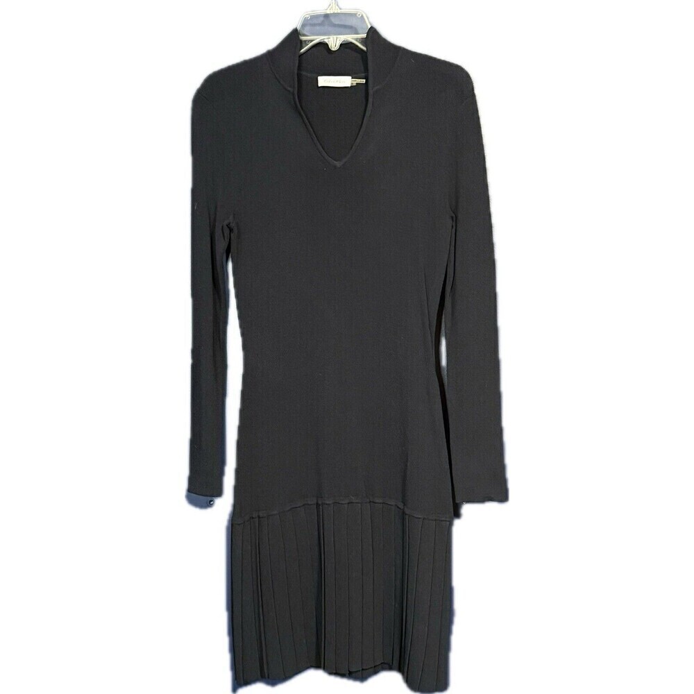 Calvin Klein Women's Midi Navy Ribbed Dress Sz Small V-neck Viscose Nylon Blend